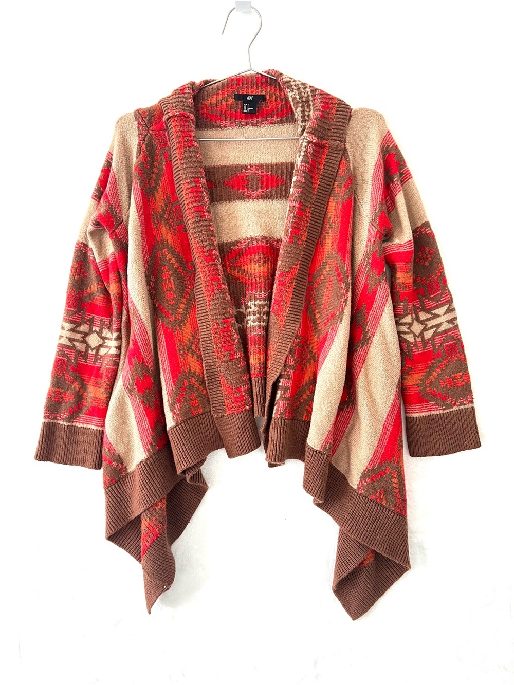 H&M | Aztec Open-Front Draped Cardigan Sweater - Red & Brown | size S - Picture 2 of 4